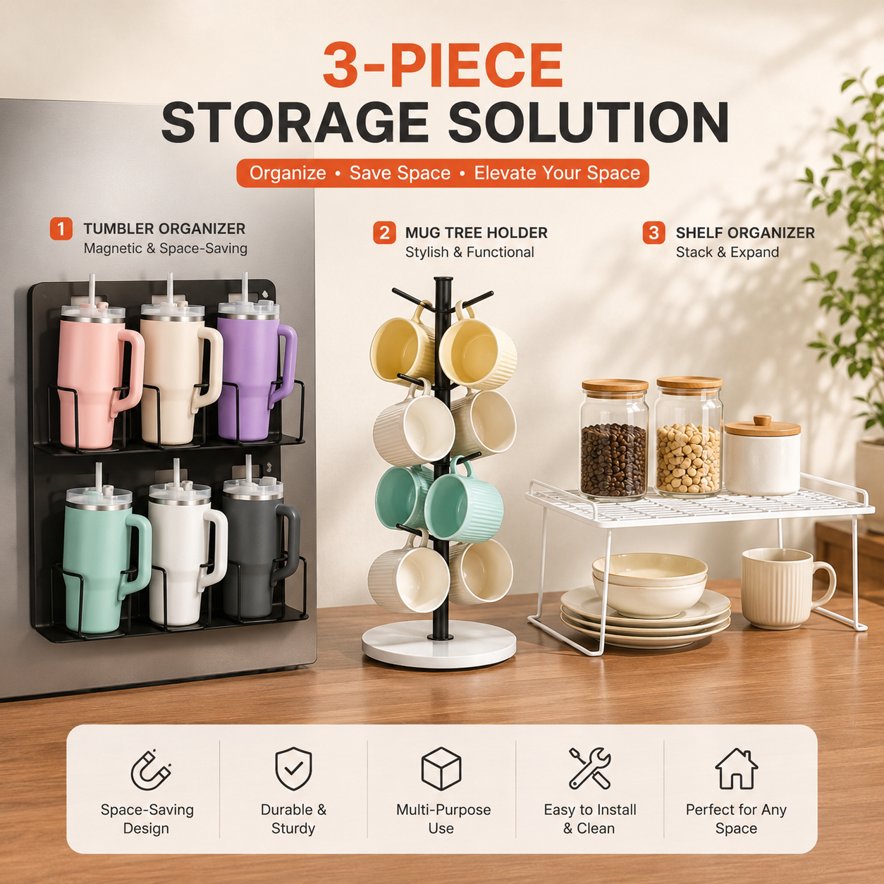 MugMuse 3-Piece Kitchen Organizer Set + Free Mug Hook