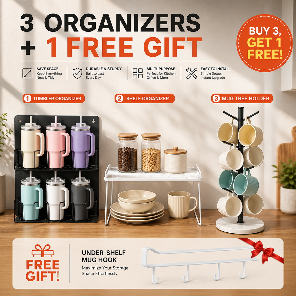MugMuse 3-Piece Kitchen Organizer Set + Free Mug Hook